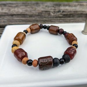 Brown Natural Stone and Bone Bead Stretch Bracelet